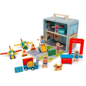Jack Rabbit Creations- Airport Suitcase Playset 19 Piece Portable Wooden Toy Set